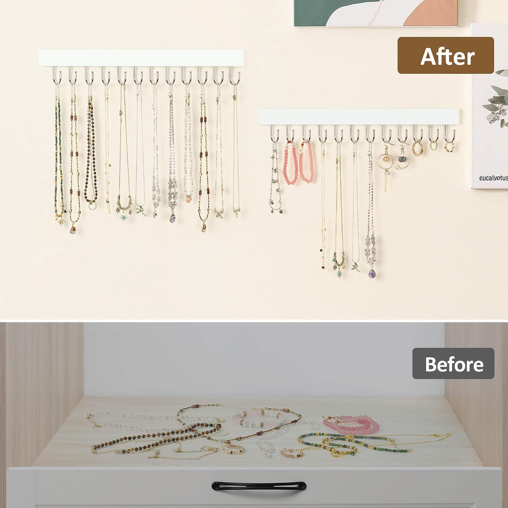 ZEDODIER 2 Pack Necklace Organizer Wall Mount, Wooden Jewelry Hanger Necklace Holder with 24 Hooks,Hanging Jewelry Organizer, White