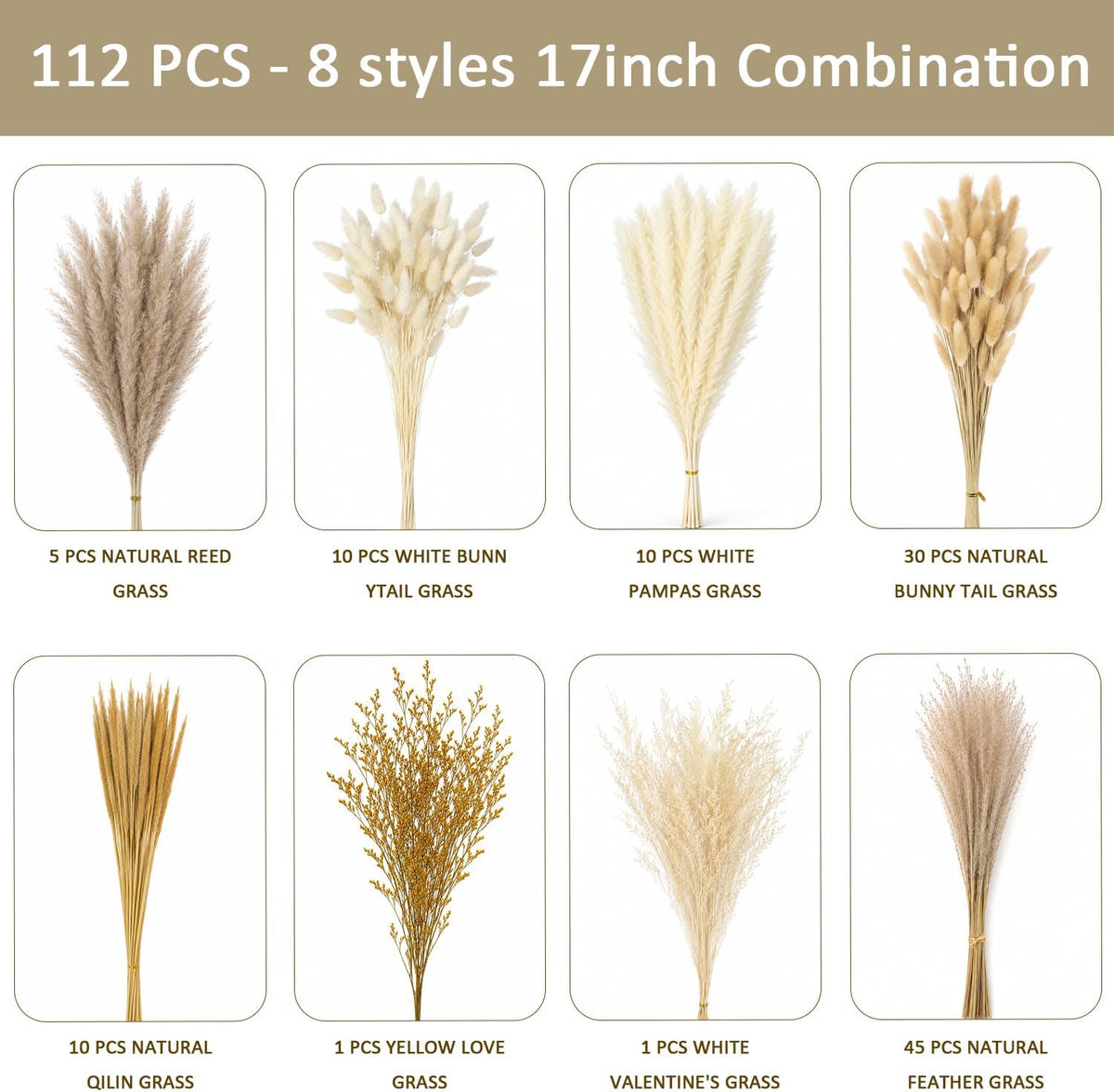 112 PCS Natural Dried Flowers 17inch Boho Pampas Grass for Farmhouse Decor