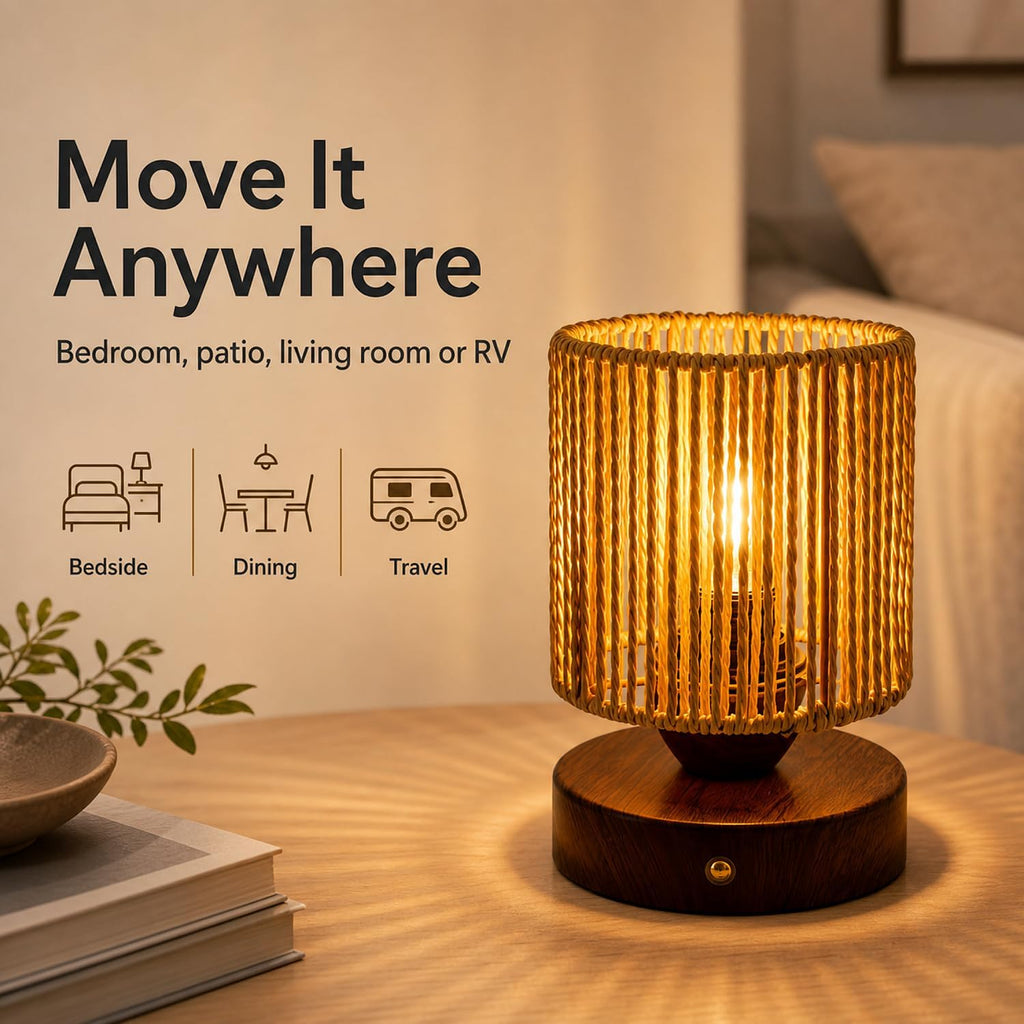 Cordless Rattan Table Lamp, 5000mAh Rechargeable Battery Operated Bedside Lamp with Edison Bulb, Stepless Dimmable Boho Cylinder Desk Light for Bedroom Living Room