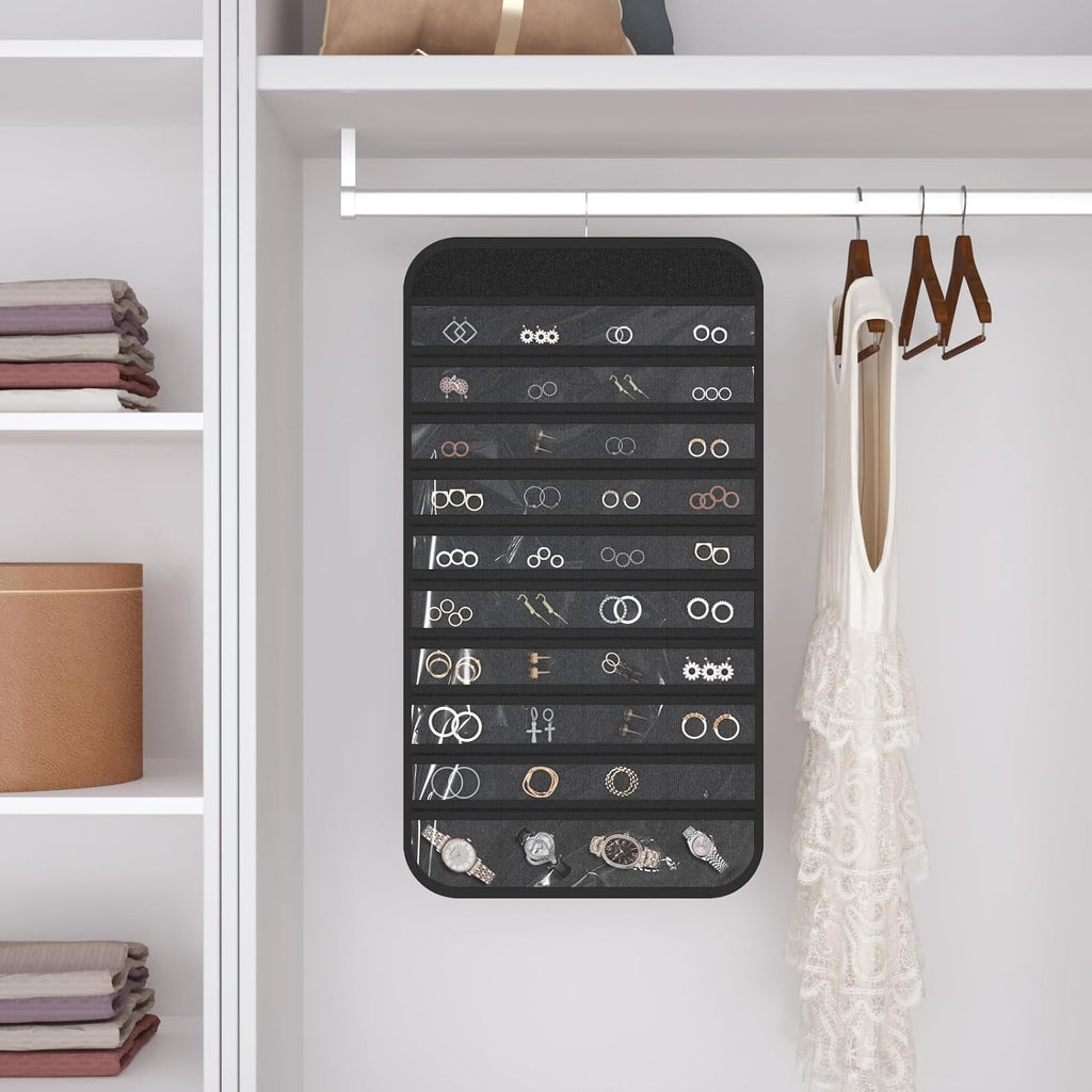 Double-Sided Hanging Jewelry Organizer for Necklaces Earrings, 2-Pack Black