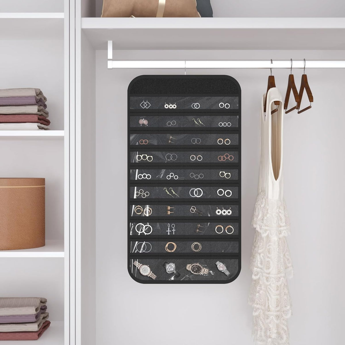 Double-Sided Hanging Jewelry Organizer for Necklaces Earrings, 2-Pack Black