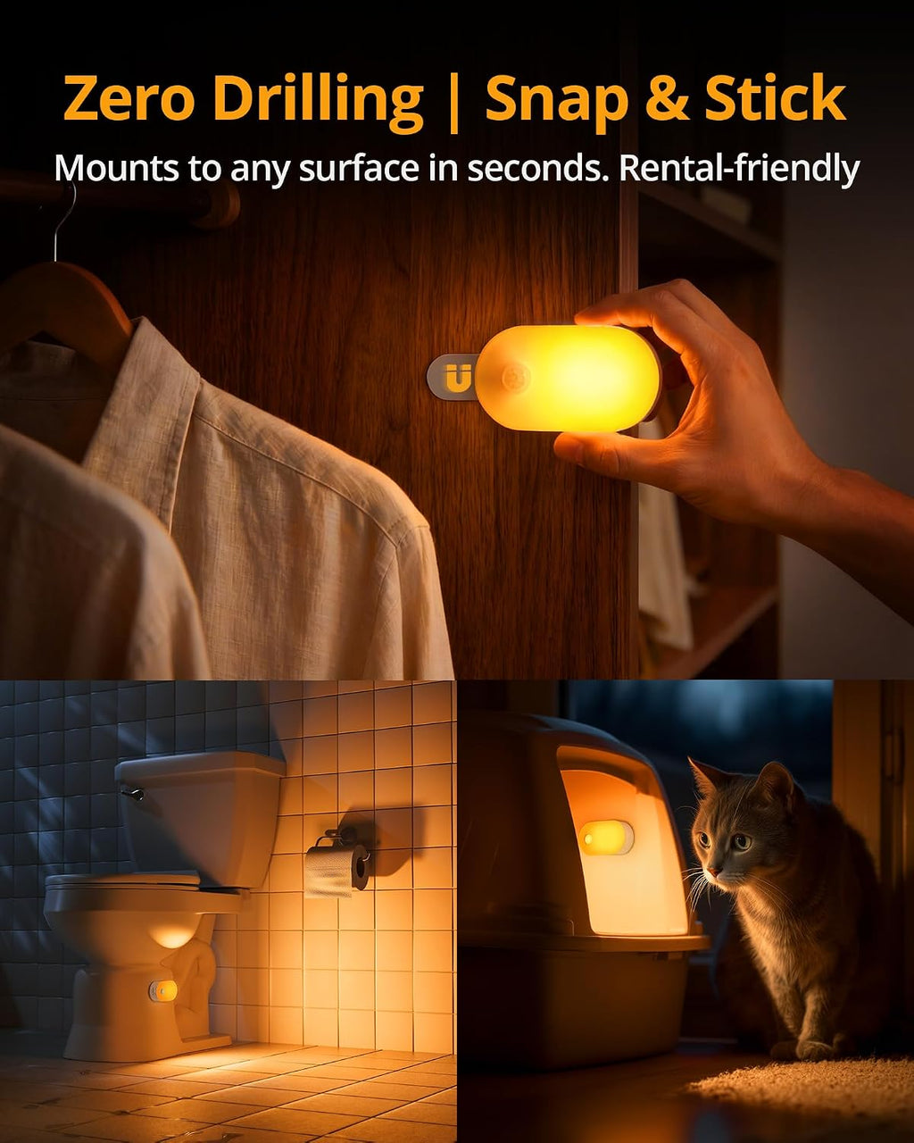 Lyridz Rechargeable Battery Night Light with Motion Sensor, Portable, Auto-Off, Dimmable for Bathroom, Bedroom, Kitchen, Stairs, Hallway, Pets, Travel, 4-Pack, Amber