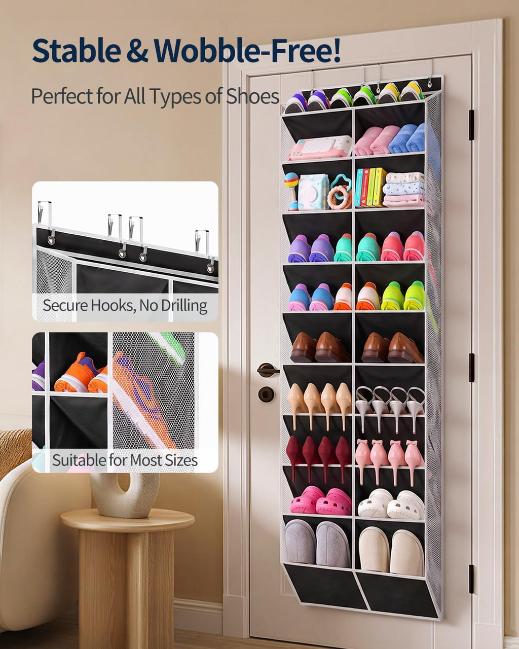 Yecaye 10 Tier Widen Over the Door Shoe Organizer for 20-30 Pairs, Black