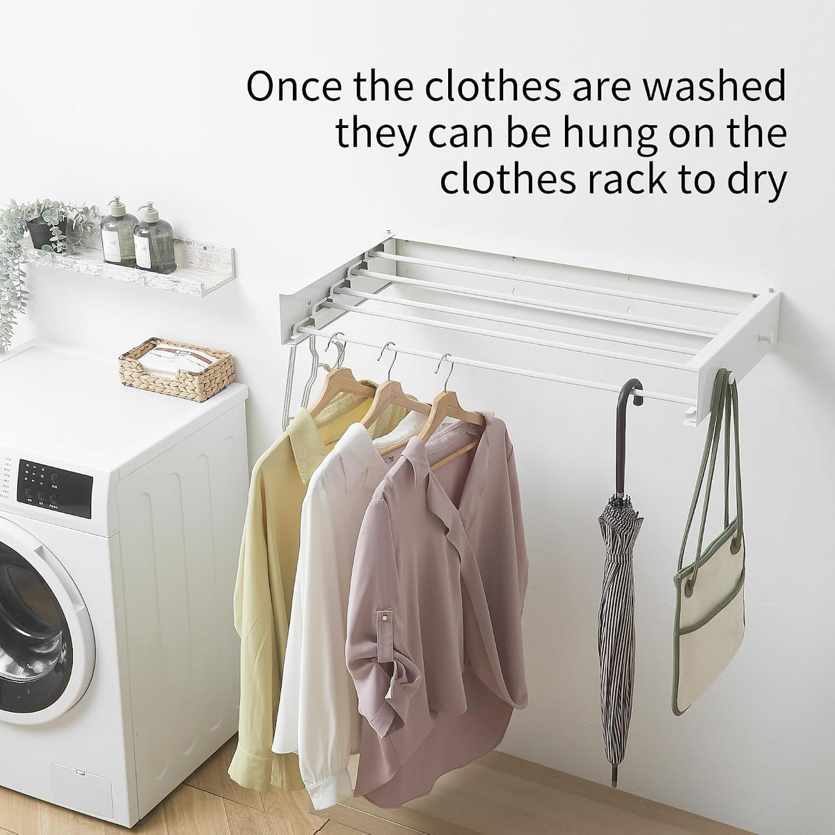 RFOUO Wall Mounted Clothes Drying Rack,White 31.5" with Hooks