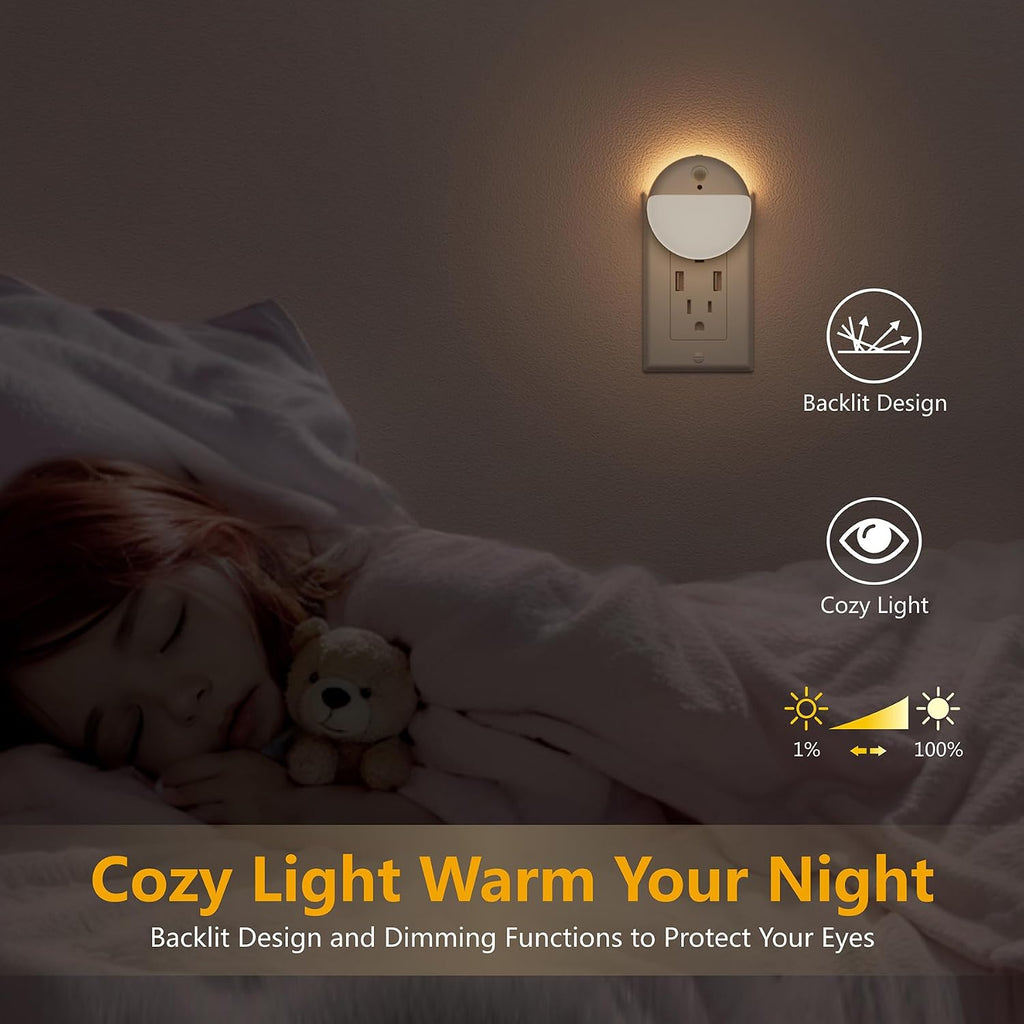 YUNLEX Motion Sensor Night Lights Plug into Wall, Dimmable 1-15lm, 2 Pack