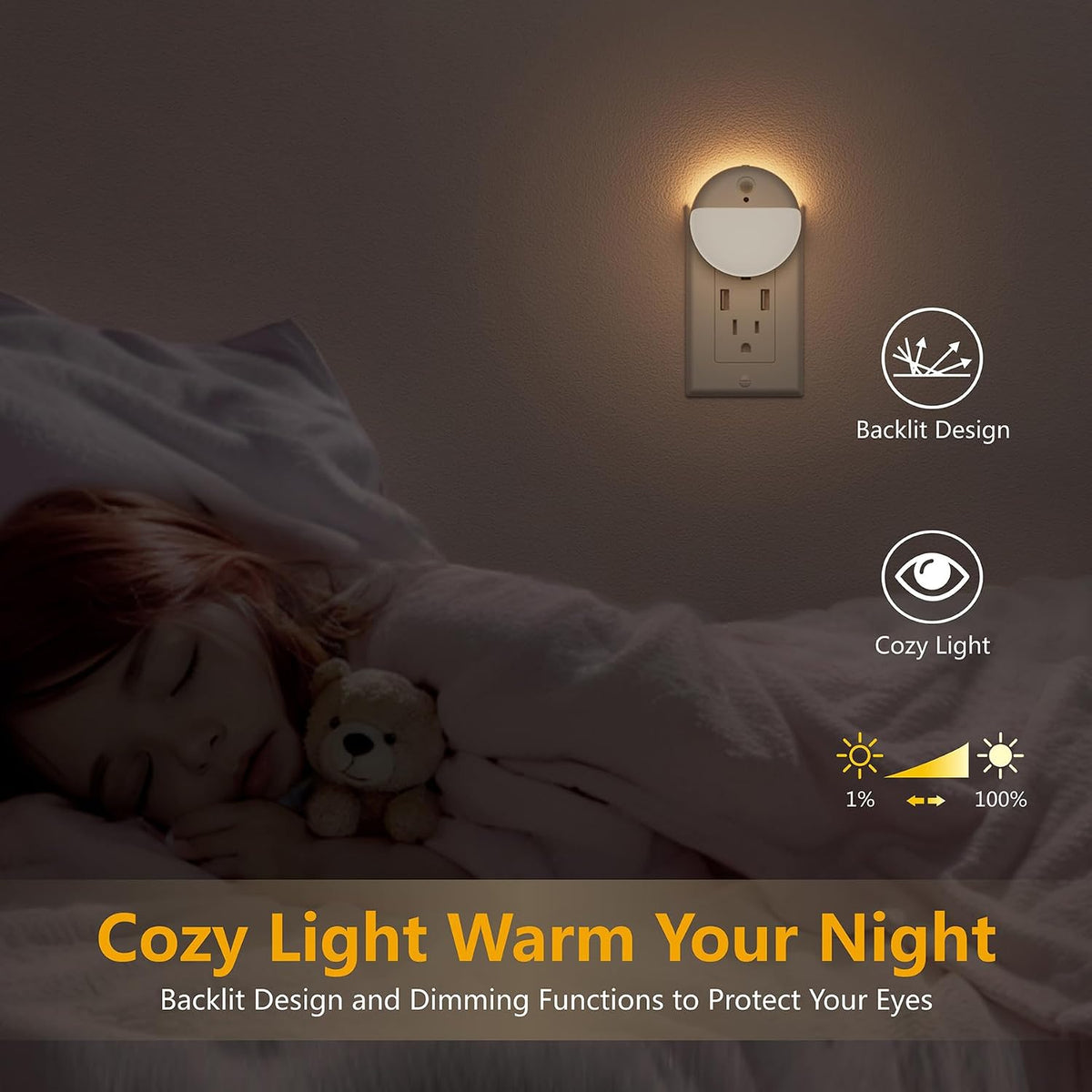 YUNLEX Motion Sensor Night Lights Plug into Wall, Dimmable 1-15lm, 2 Pack