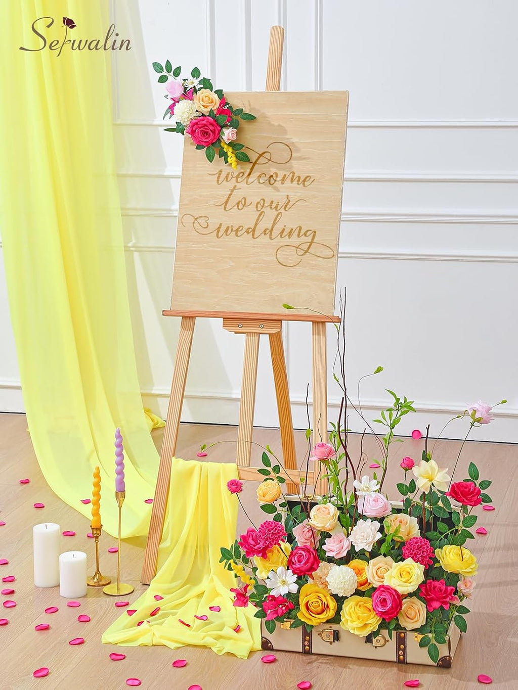 Serwalin Artificial Hot Pink Yellow Flowers Magenta Silk Flower for Wedding