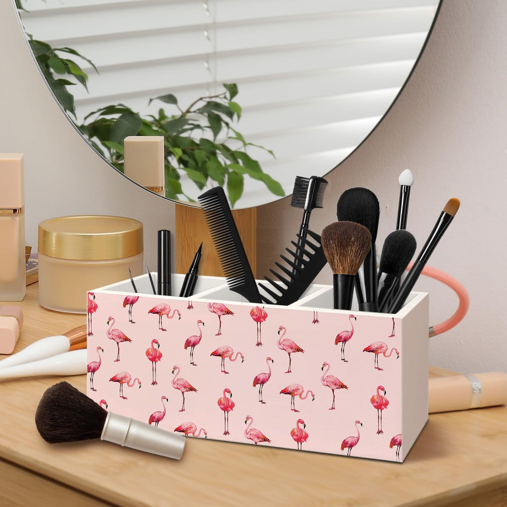 Pink Flamingo Wooden Pen Pencil Holder for Desk Accessories, Pink Flamingo Gifts for Women, Preppy Wood Makeup Brush Toothbrush Holder Organizer for Vanity Bathroom