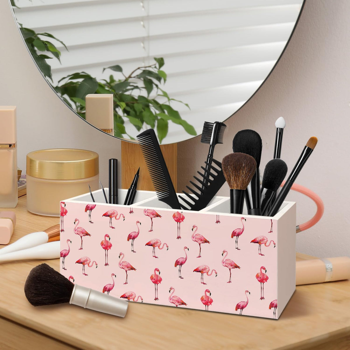 Pink Flamingo Wooden Pen Pencil Holder for Desk Accessories, Pink Flamingo Gifts for Women, Preppy Wood Makeup Brush Toothbrush Holder Organizer for Vanity Bathroom