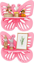 2-Tier Butterfly Wall Shelf - Nursery Decor Pink Floating Corner Shelves, Cute Wall Display Rack Bookshelf for Kid’s Room, Solid Wood Hanging Hollow Out Shelf for Toys, Plants and Decorations Storage