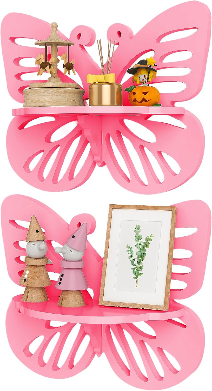 2-Tier Butterfly Wall Shelf - Nursery Decor Pink Floating Corner Shelves, Cute Wall Display Rack Bookshelf for Kid’s Room, Solid Wood Hanging Hollow Out Shelf for Toys, Plants and Decorations Storage