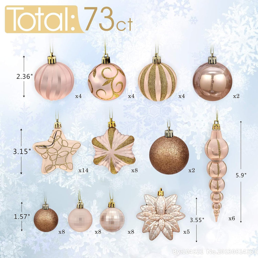 73ct Assorted shatterproof Christmas Ornaments Luxury Collection Set in Reusable Hand-held Gift Package for Christmas Tree Decoration (Champagne)