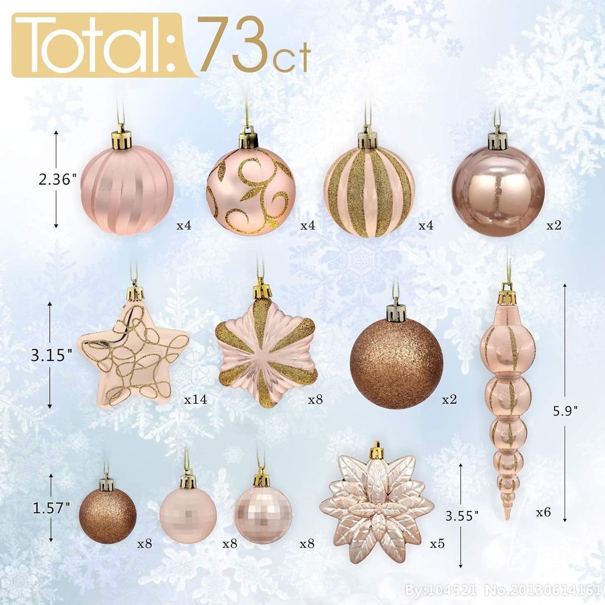 73ct Assorted shatterproof Christmas Ornaments Luxury Collection Set in Reusable Hand-held Gift Package for Christmas Tree Decoration (Champagne)