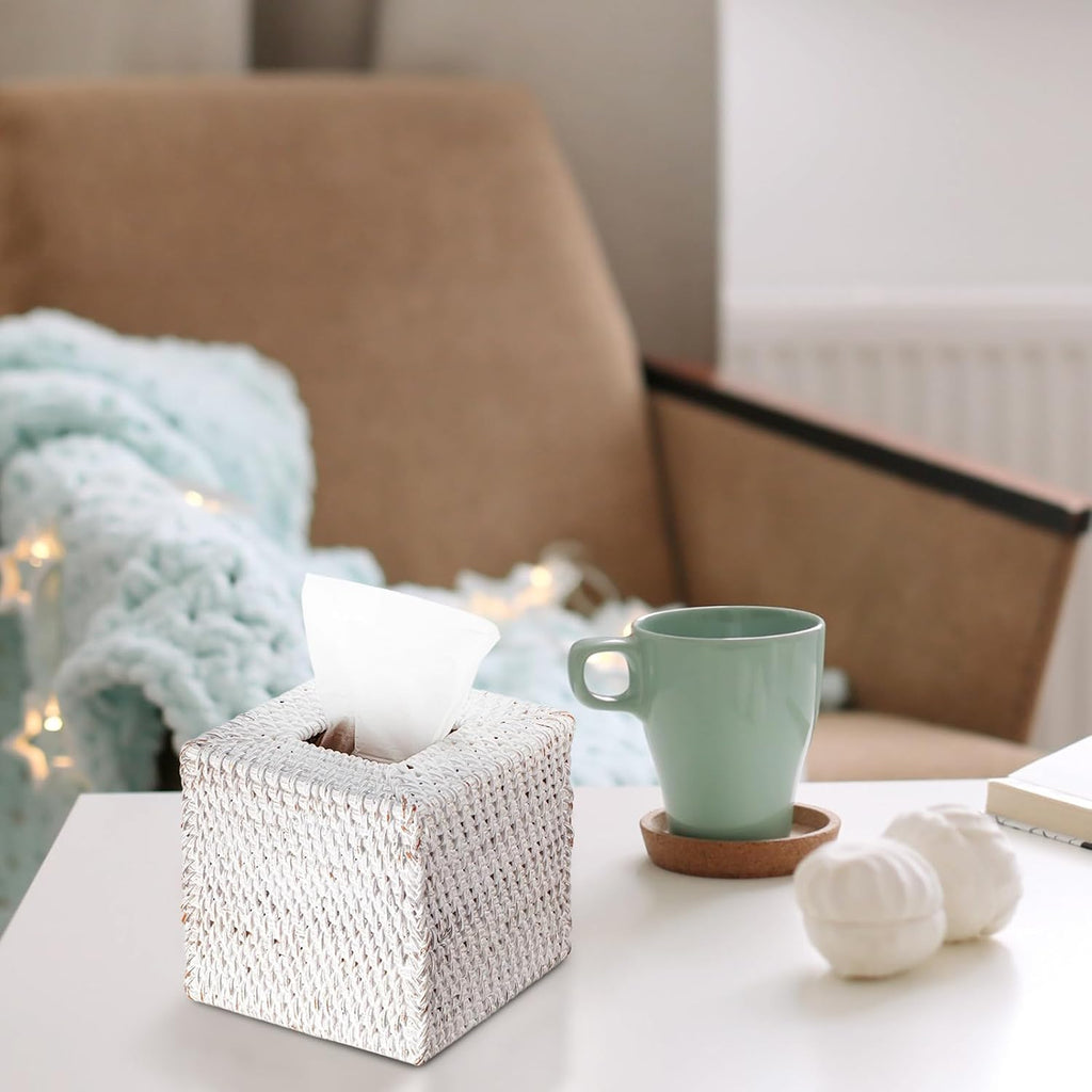 Kigley 2 Pcs Square Rattan Tissue Box Cover Boho Wicker Tissue Cube Box Cover 5.5'' x 5.5'' x 5.5'' Decorative Natural Wicker Hand Woven Napkin Box Holder Bathroom Office Car Accessories (White)
