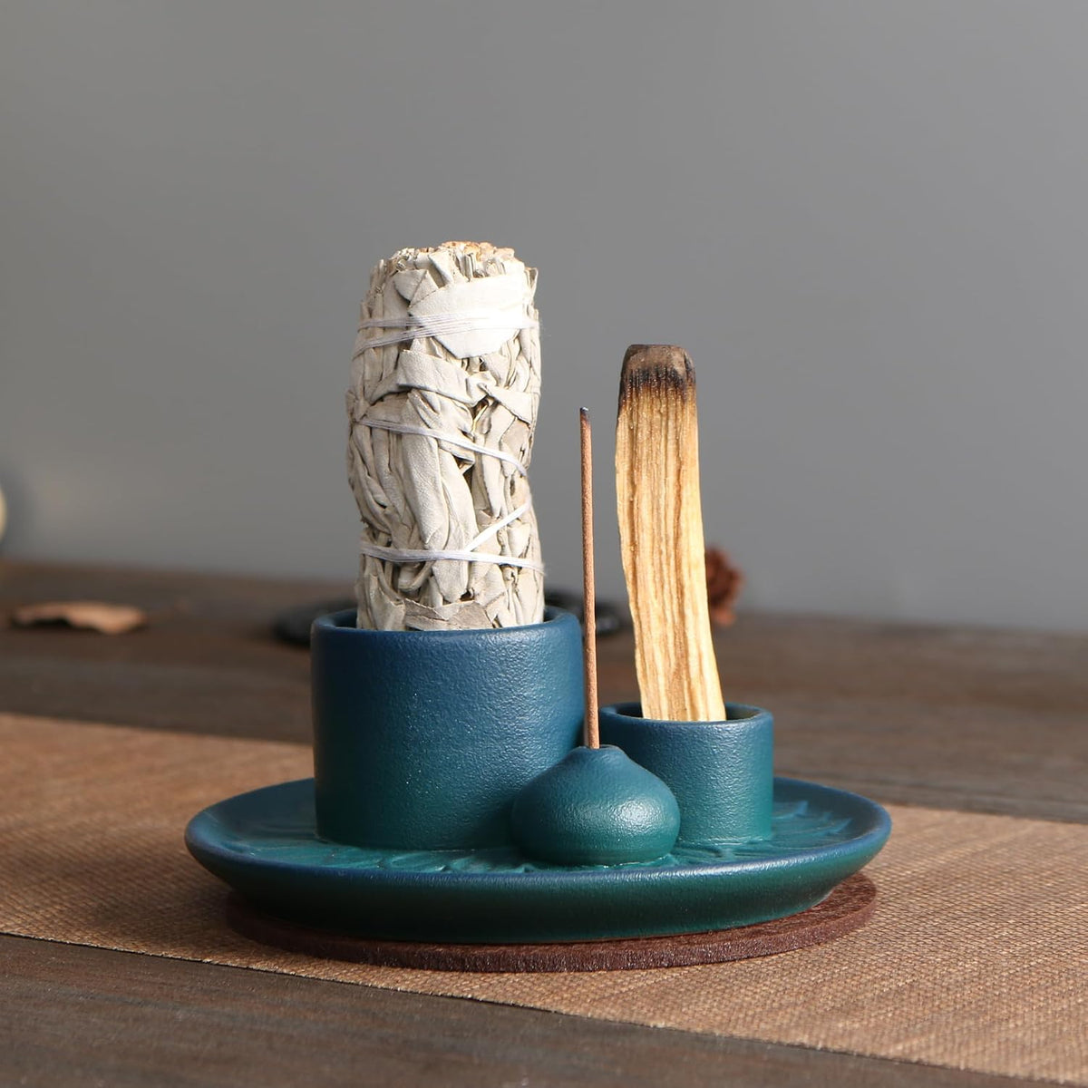 4 in 1 Ceramic Incense Burner, Sage Holder for Burning Bowl, Palo Santo Sticks Holder, Smudge Stick Ash Catcher Tray for Meditation Yoga Room (Blue)