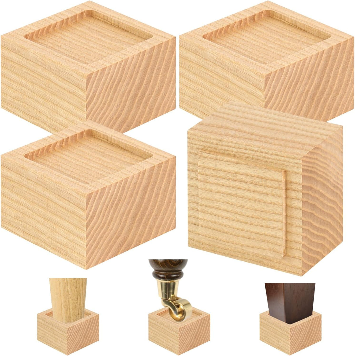 FASONLA Bed Risers (Set of 4) - Oak Solid Wood Furniture Risers Lifts Height 2" with Non-Slip Recessed Hole (4pcs-2" Height-Natural Color)