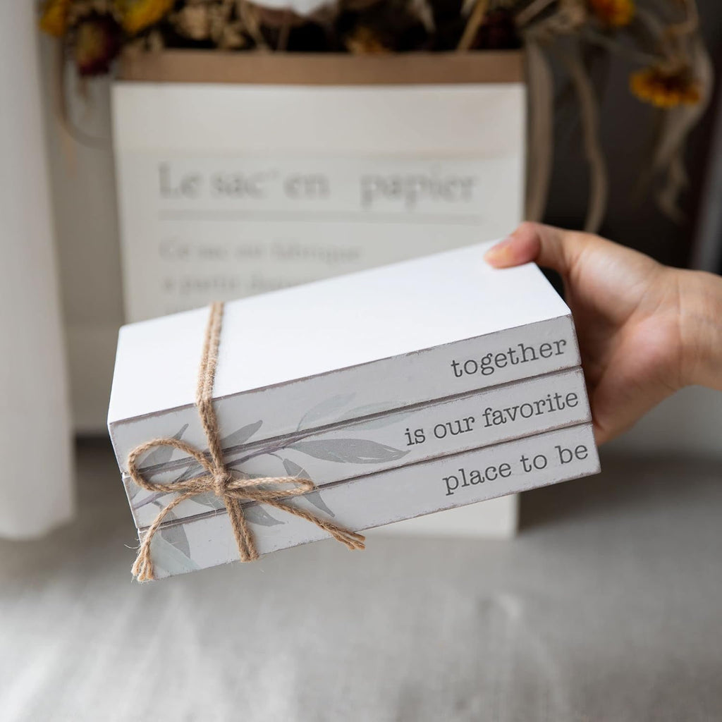 GENMOUS 4pcs White Decorative Books Set for Home Decor, Stacked Wood Books with Wood Beads for Living Room, White Faux Books for Display, Shelf Decor, Mantel Decor, Farmhouse Décor (Together)