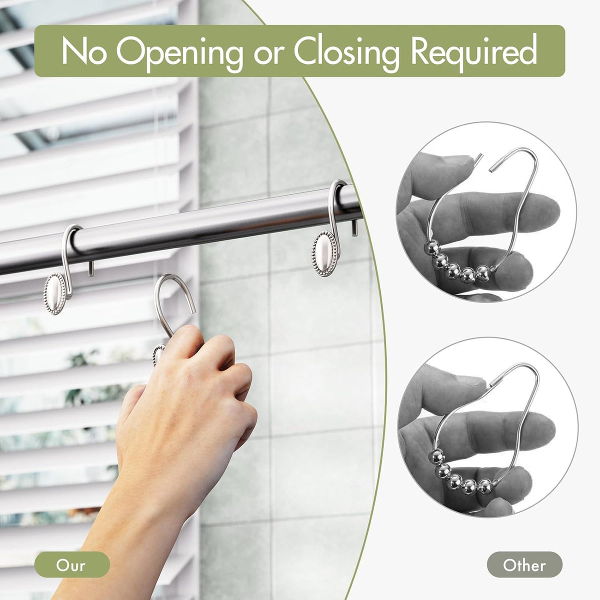 AmazerBath Nickel Shower Curtain Hooks, 12PCS Rust Proof Shower Curtain Rings, Decorative Modern Shower Curtain Hangers, Elliptical Heavy Duty Design Convenient for Bathroom Kitchen Wardrobe