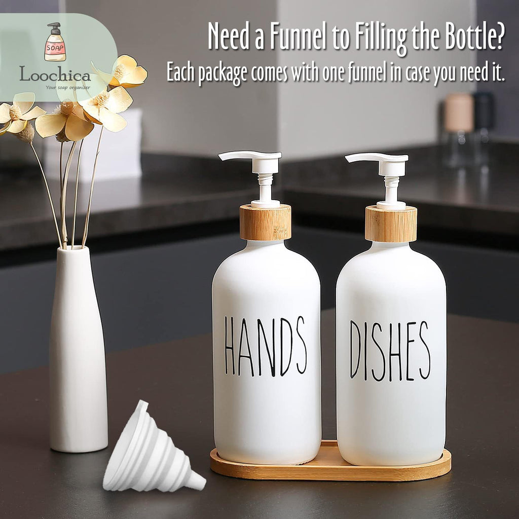 LOOCHICA Glass Soap Dispenser Set with Tray, Contains Glass Hand Soap Dispenser and Glass Dish Soap Dispenser. Matte White soap Dispenser Suitable for The Kitchen Soap Dispenser, Rustic Kitchen Decor