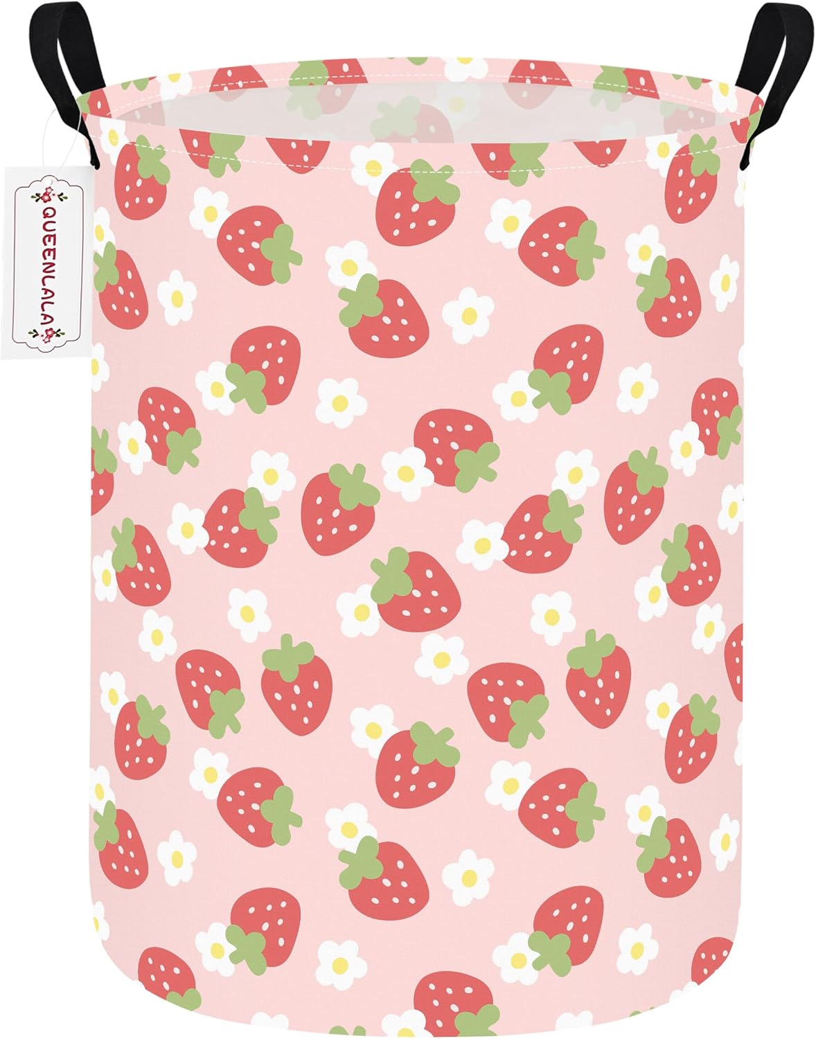 Foldable Waterproof Round Fabric Laundry Basket Home, Pink Strawberry