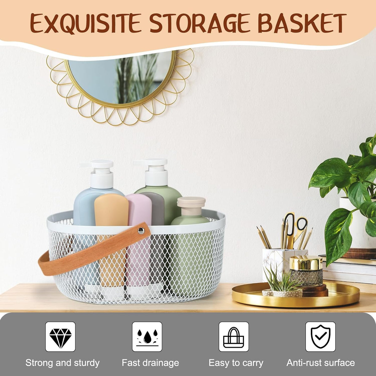 Maxcheck 4 Pcs Oval Metal Wire Baskets with Handles for Kitchen, White