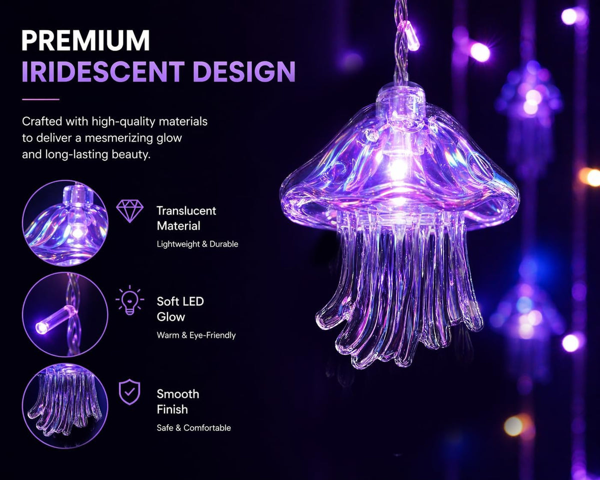 Jellyfish String Lights for Bedroom, USB Hanging Fairy Lights with Remote, Aesthetic Wall Decor Lights for Girls Room, Soft Ambient Lighting for Dorm, Bed, Window