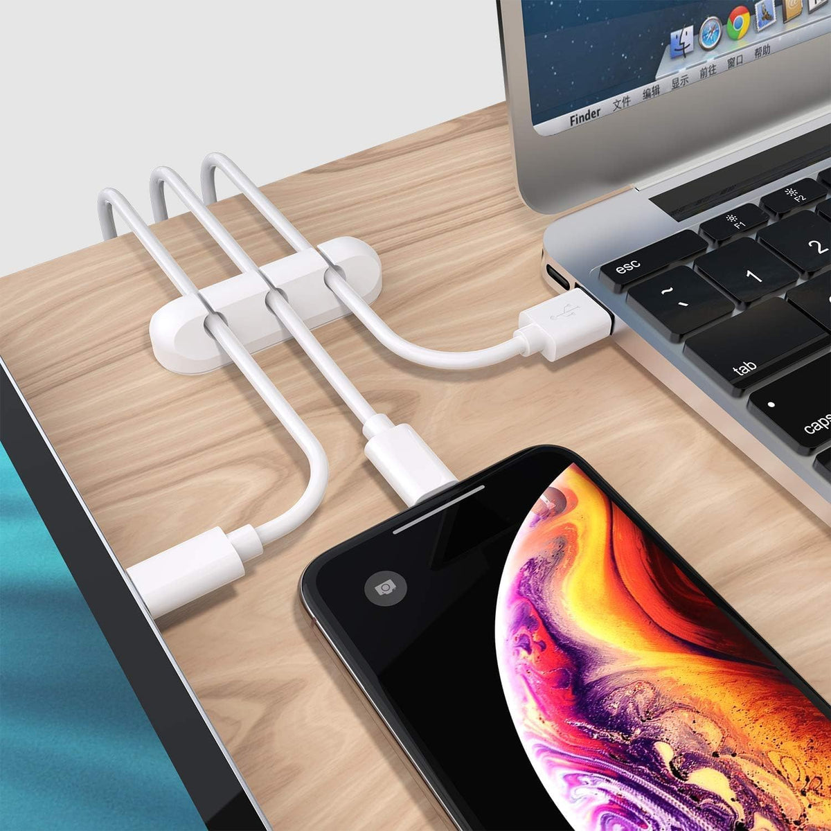 SOULWIT Cable Holder Clips, 3-Pack Cable Management Cord Organizer Clips Silicone Self Adhesive for Desktop USB Charging Cable Nightstand Power Cord Mouse Cable Wire PC Office Home - White
