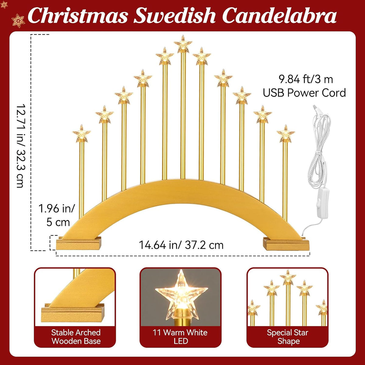 Lewondr Christmas Swedish Candelabra, 11 Flameless Taper Candles, Gold