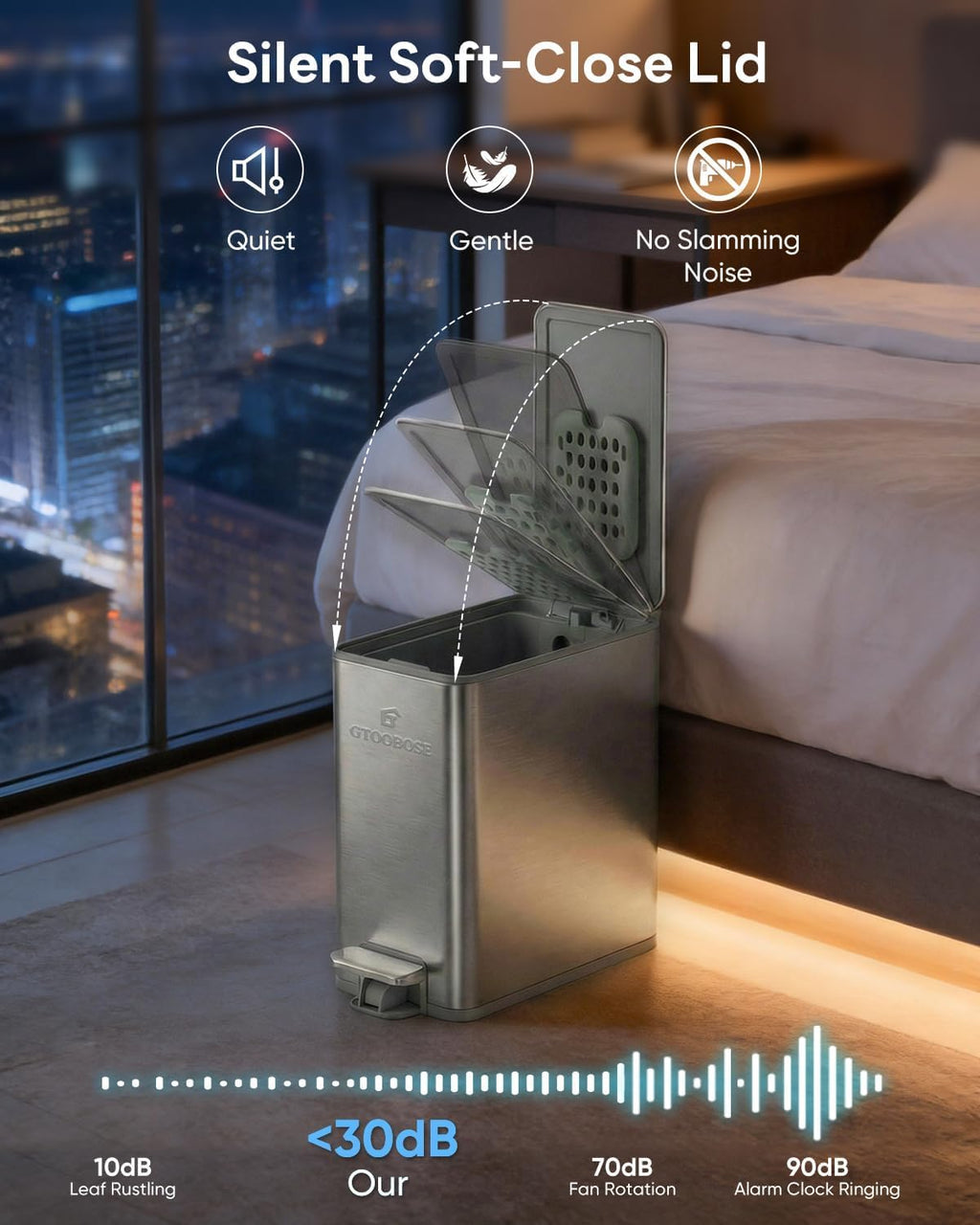 10L/2.6G Slim Bathroom Trash Can, Narrow Stainless Steel Soft-Close Step Pedal Bin with Lid, Odor Control Carbon Box, Removable Inner Bucket, Small Waste Bin for Bedroom, Office, RV (Silver)