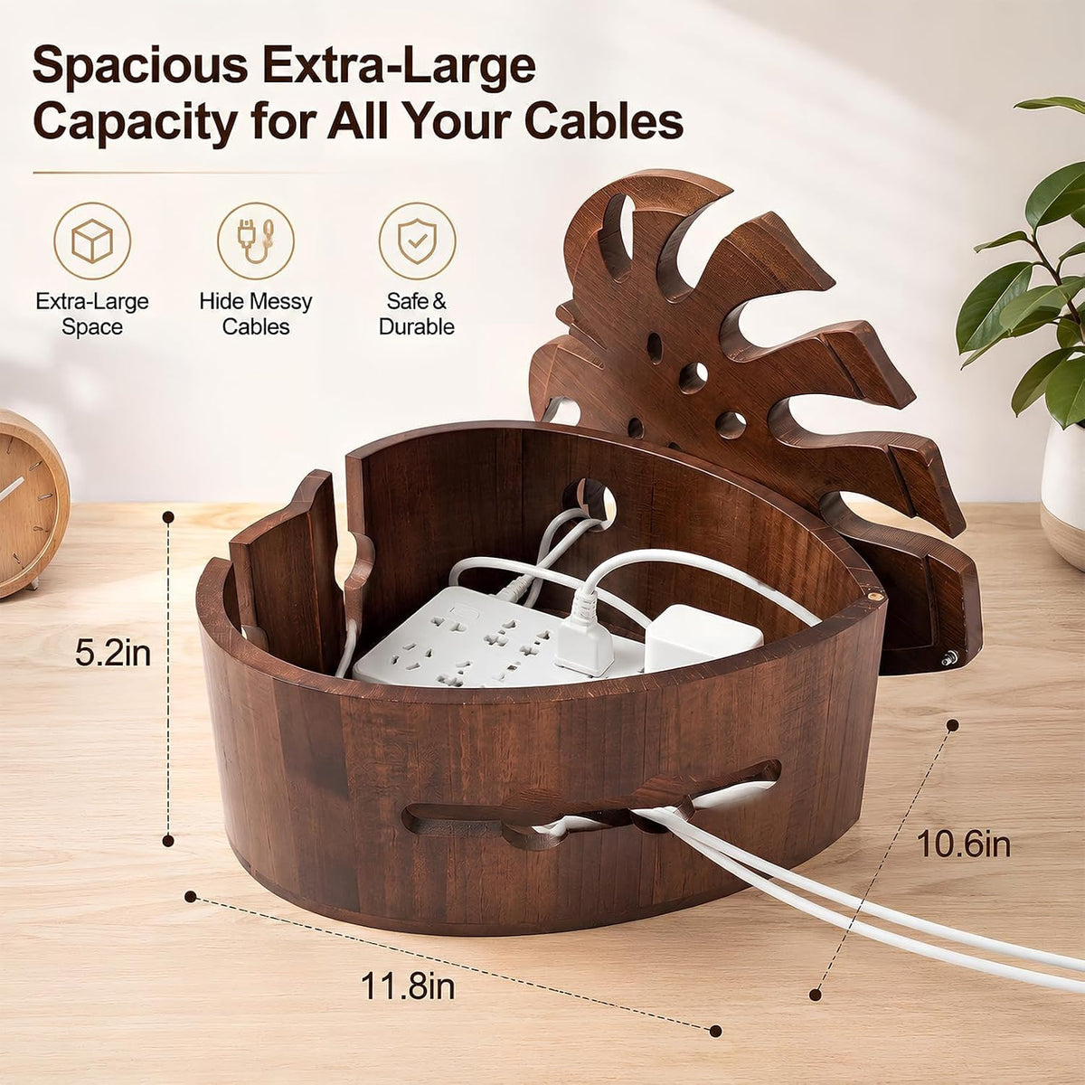 Acacia Wood Cable Management Box, Wooden Hider & Organizer for Power Strip