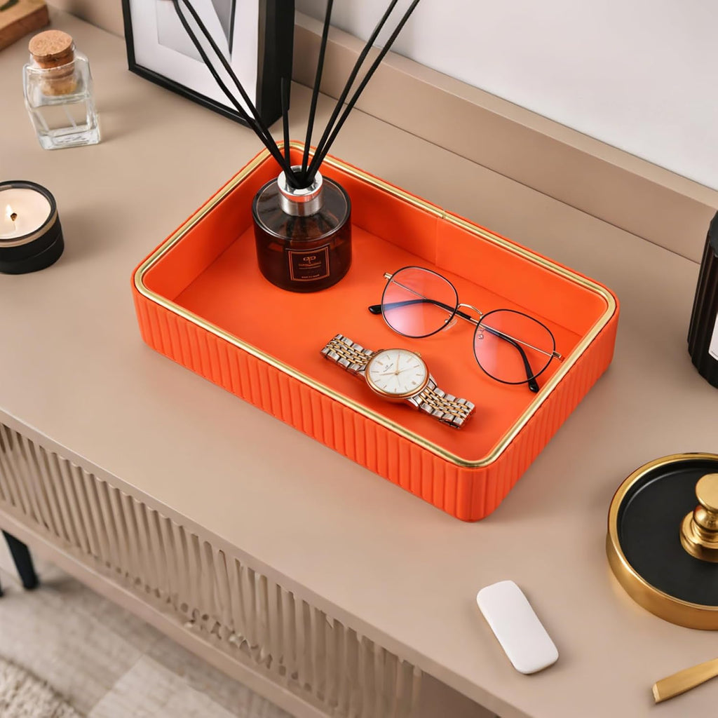 PU Leather Valet Tray,Desk Organizer Tray Nightstand Organizer Trinket Dish Storage Key Bowl Decorative Trays for Phone Wallet Jewelry Watch Bathroom Bedroom Perfume Vanity Trays,Orange
