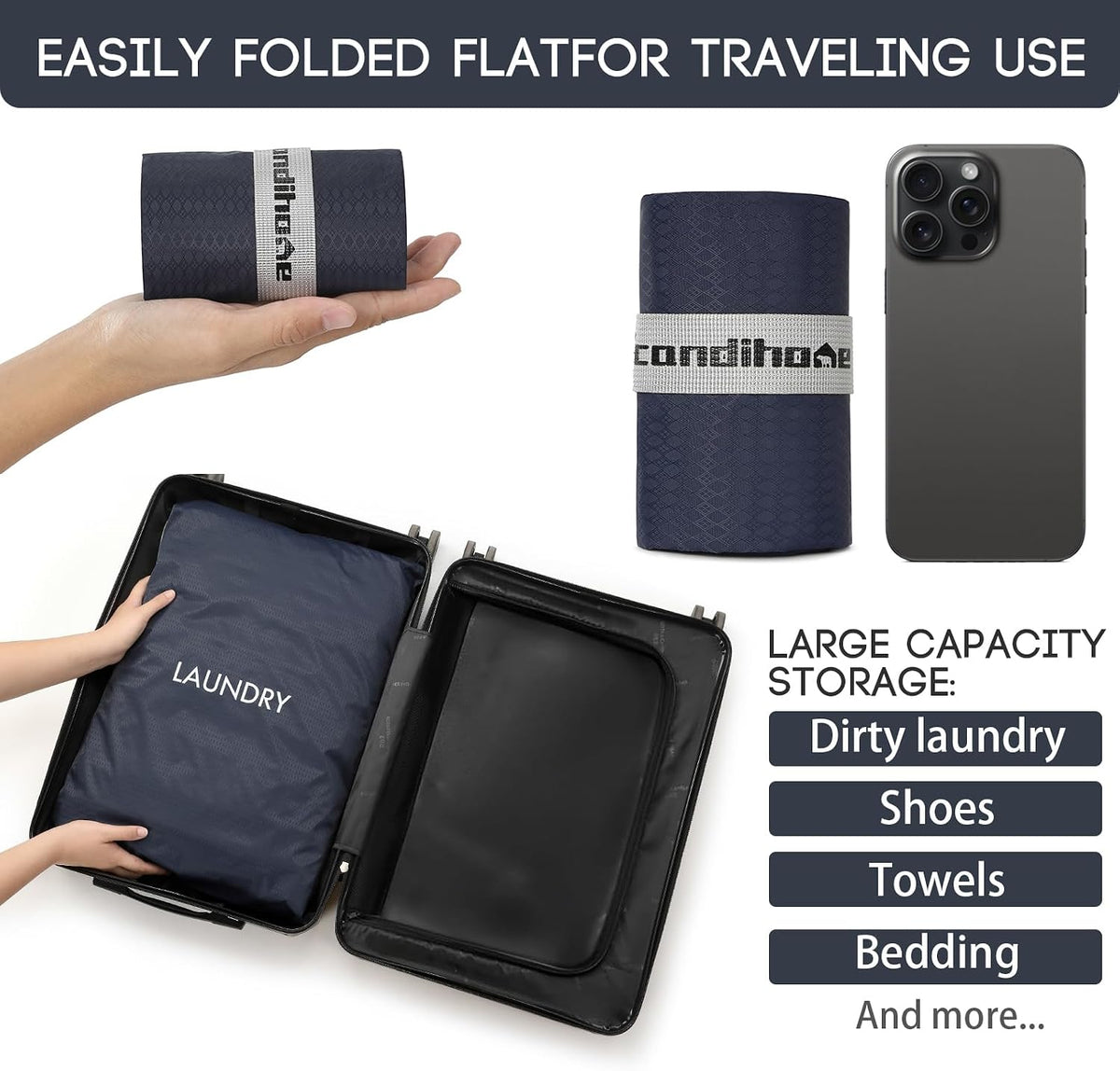 Travel Laundry Bag, Washable Dirty Clothes Bag Waterproof Wet Dry Bags Reusable Camp Clothes Organizer for Sports Home College Dorm Laundromat (1 Pcs X-Large) Navy Blue
