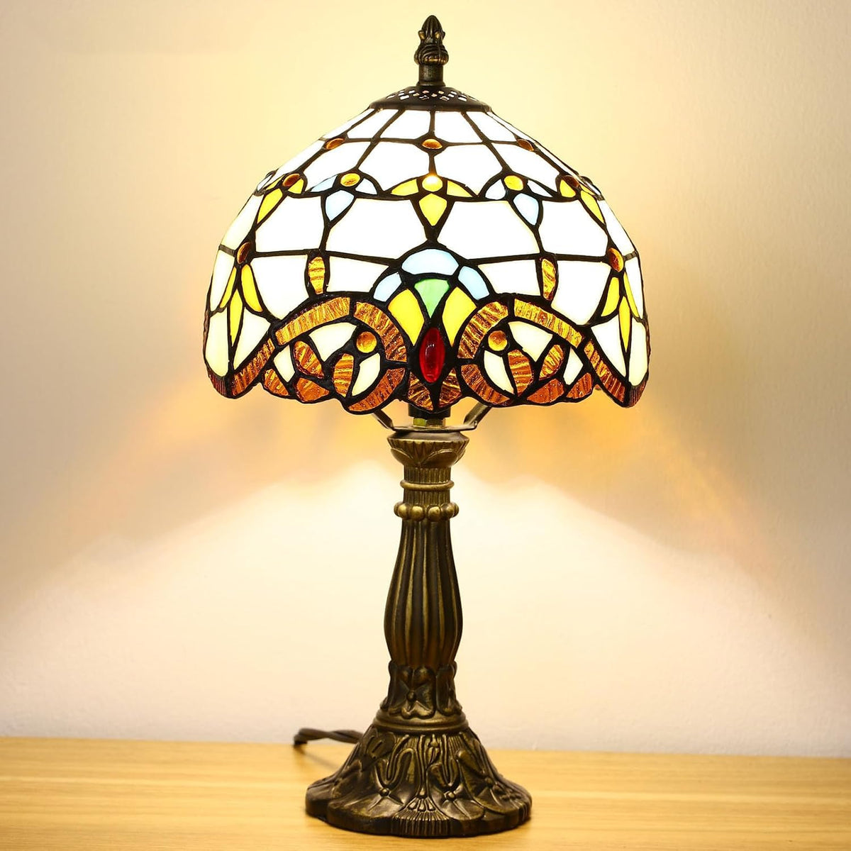 Tiffany Style Table Lamp, Baroque Style Stained Glass Lamp, 8 Inch Small Antique Lamp, for Bedside Nightstand Bedroom Living Room Home Office, Include LED Bulb