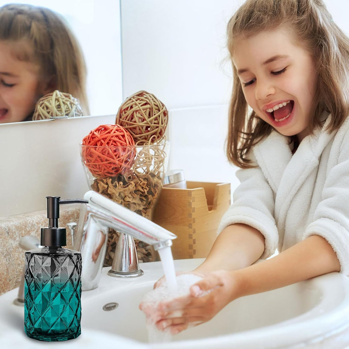 4pcs Black Glass Soap Dispenser Set, 11oz/330ml Diamond Hand Soap Dispenser