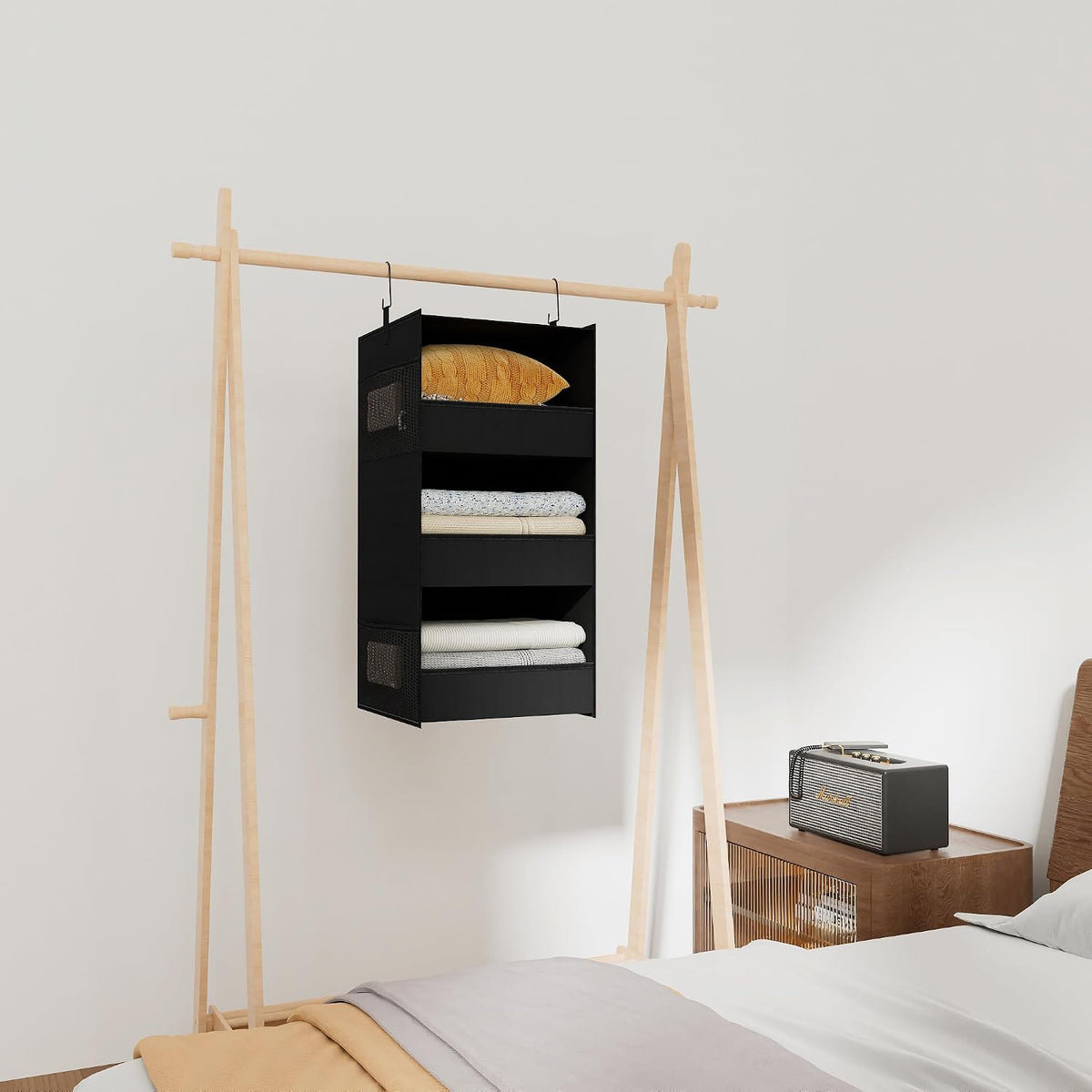 3-Shelf Hanging Closet Organizer, Washable Foldable Storage Shelves, Black