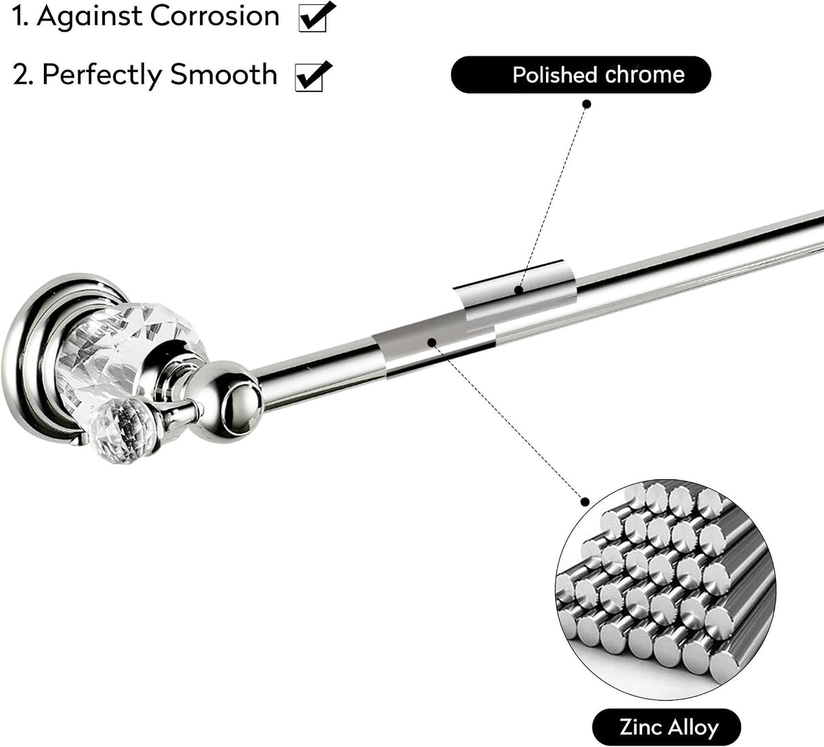 WOLIBEER Crystal Towel Bar,Chrome Towel Holder Adjustable Towel Rack Rod Expandable Stainless Steel Bathroom Accessories Wall Mounted
