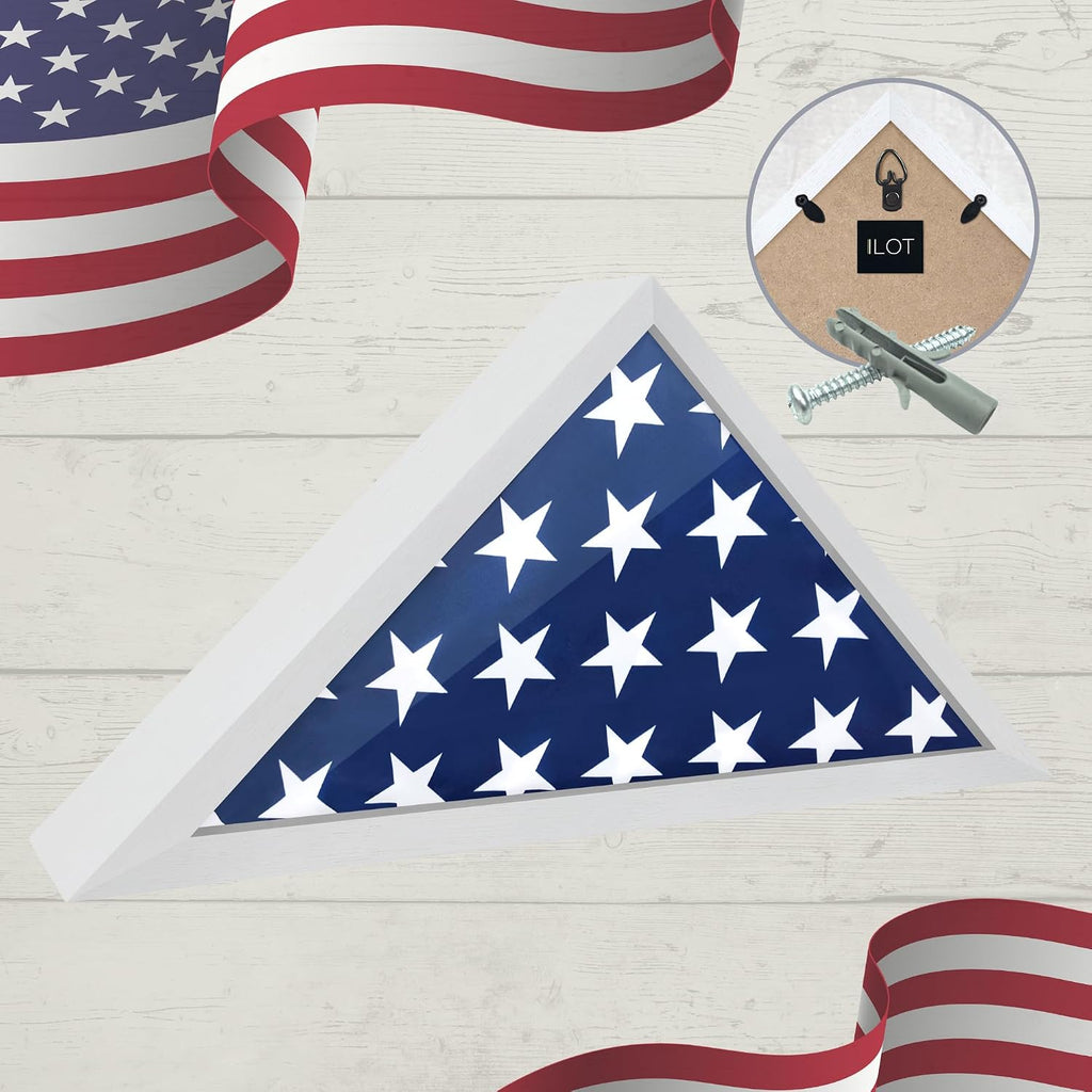 Flag Case for American Veteran Burial Flag Solid Wood Military Flag Display Case Funeral Flag Flag Shadow Boxes to Fit a Folded 5'x9.5' American Flag with Polished Plexiglass (White)