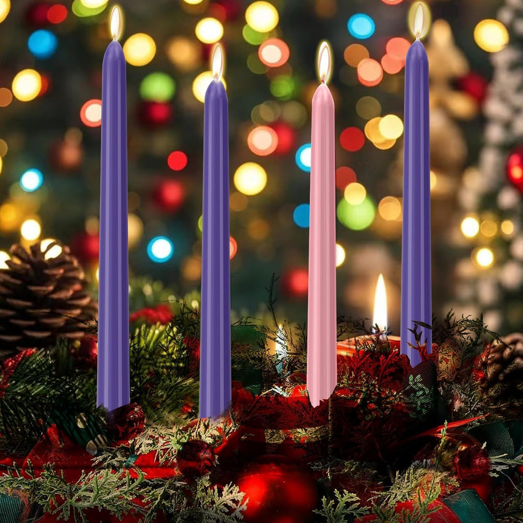 4 Pack Advent Candles Set - 10-Inch Dripless, Unscented, Smokeless, Long-Lasting Advent Tapered Candles for Christmas, Hand-Poured in Pink and Purple