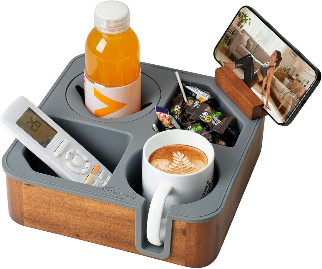 Couch Cup Holder Tray, Acacia Wood Couch Caddy With Cup Holder, Slotting Non-Slip Couch Organizer for Drinks, Snacks Remotes, Rounded Corners & Mug (Grey)