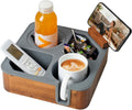 Couch Cup Holder Tray, Acacia Wood Couch Caddy With Cup Holder, Slotting Non-Slip Couch Organizer for Drinks, Snacks Remotes, Rounded Corners & Mug (Grey)