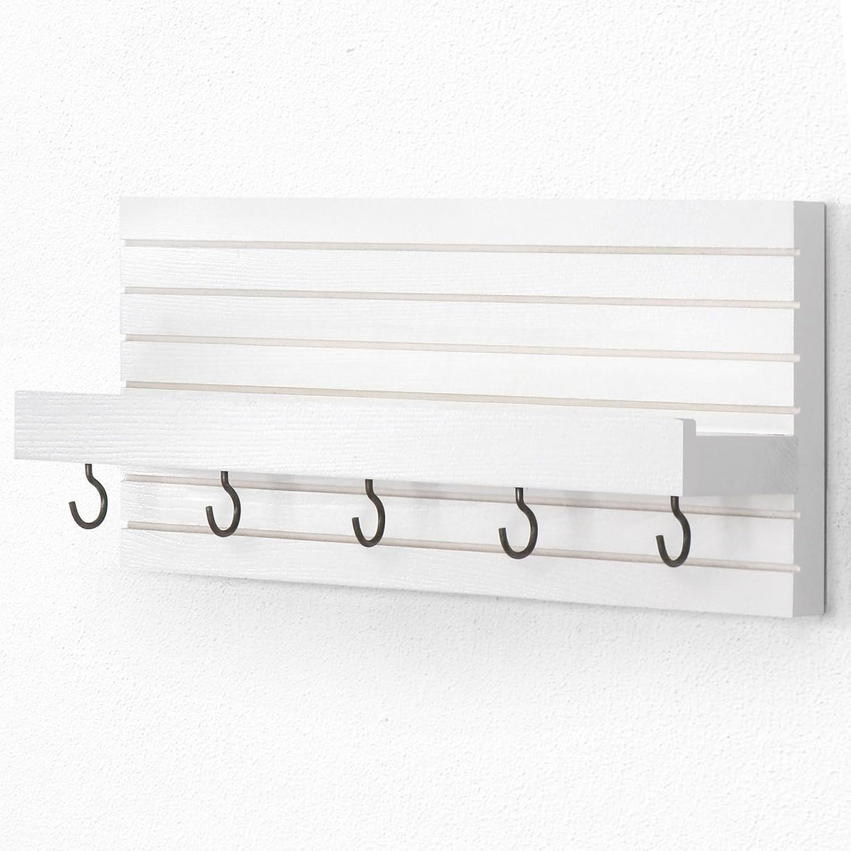Lwenki Decorative Key Holder for Wall with Shelf, Entryway Shelf with Hooks Holds Leashes, Jackets and Glasses – Sturdy Wood Keyholder Entrance Hanger with Mounting Hardware (White, Medium)