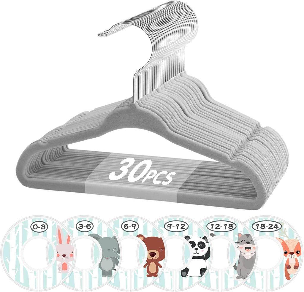 VIS'V Velvet Baby Hangers with 6 Pcs Size Dividers, 11 Inch, Gray, 30 Pcs