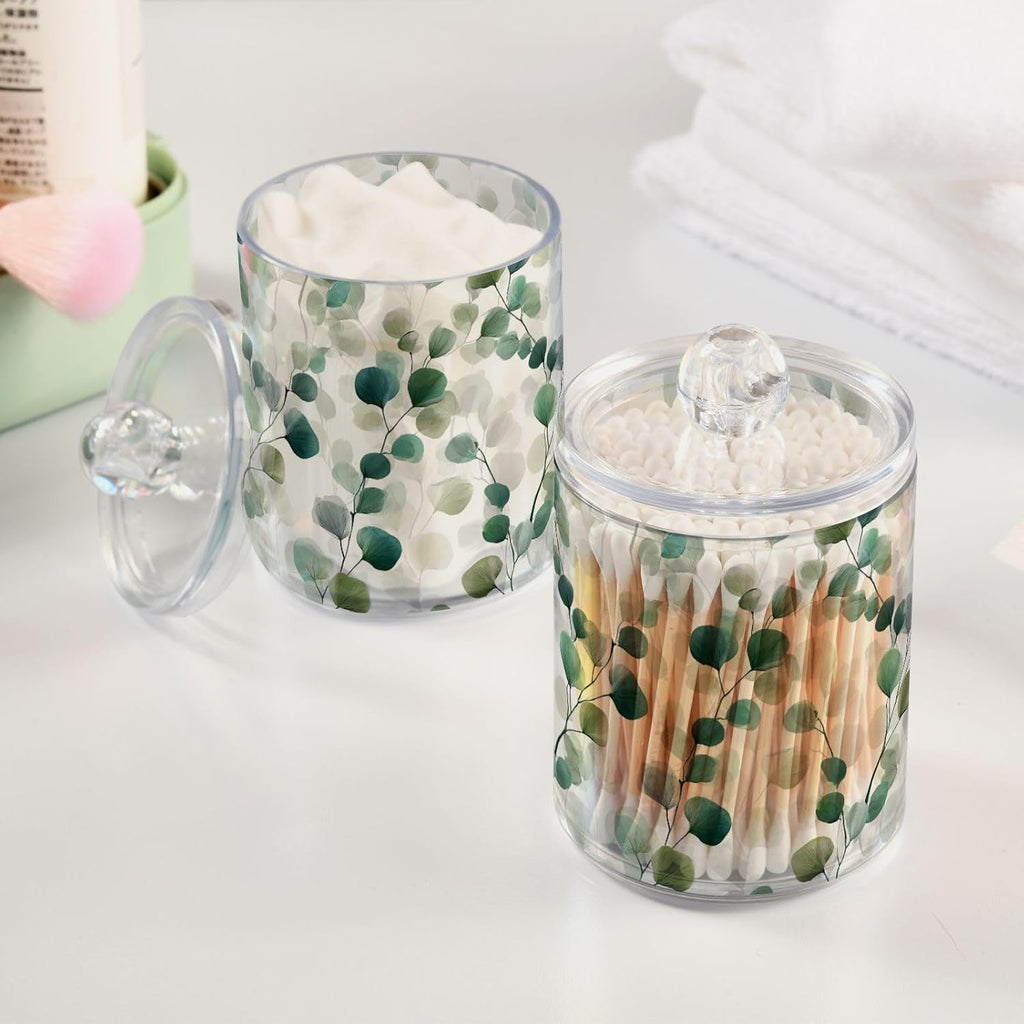 Gredecor Qtip Holder Dispenser 2 Pack Green Watercolor Floral Leaves Apothecary Jars with Lids Bathroom Vanity Countertop Canister Storage Organizer for Cotton Ball,Swabs,Pads,Floss