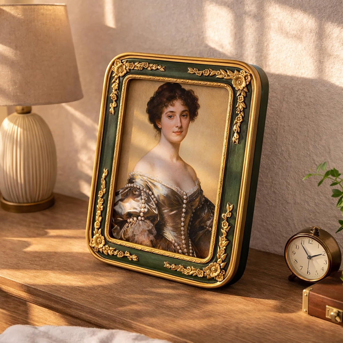 5 x 7 Picture Frame, Ornate Floral Embossed Victorian Style Decorative Photo Frame, Green Gold Vintage Picture Frames 5x7 with Glass Front for Tabletop, Shelf, Mantel or Wall Hanging, Traditional Vintage Home Décor (Green, 5X7)