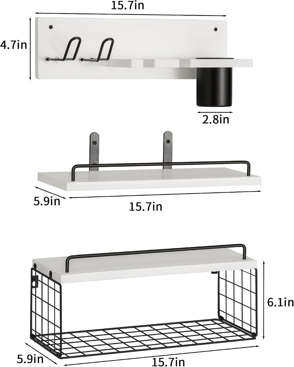 3-Tier Bathroom Floating Shelves with Hair Dryer Holder, White