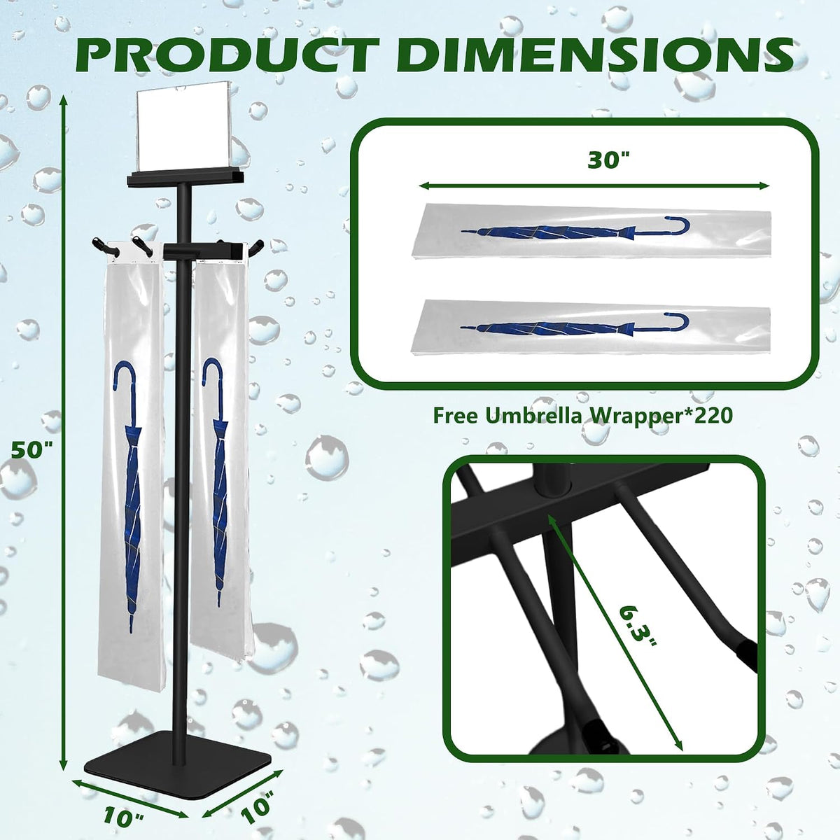 Umbrella Bag Stand, Wet Umbrella Stand with 220 Umbrellas Bags, Black