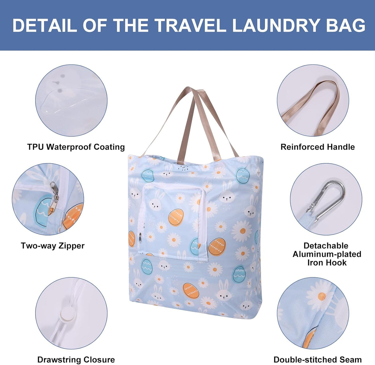 2 Pack Travel Laundry Bag with Handle and Drawstring, Expandable Foldable Dirty Clothes Bags with Hook and Zipper, 23*20 inch, Cartoon 3 White + Blue