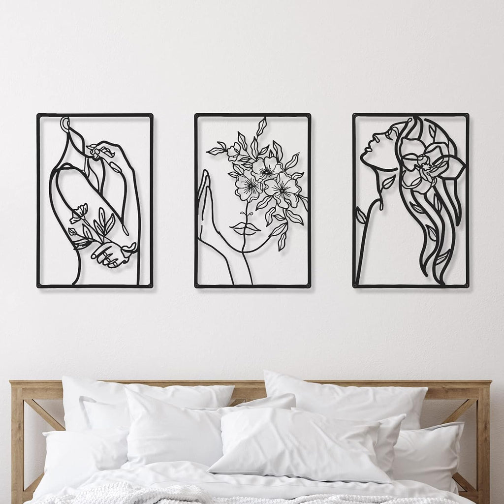CHENGU 3 Pieces Minimalist Metal Wall Art Decor, Abstract Woman Line Art Wall Decor, Modern Metal Sculpture for Living Room Bedroom Bathroom Apartment Aesthetic Home Decoration