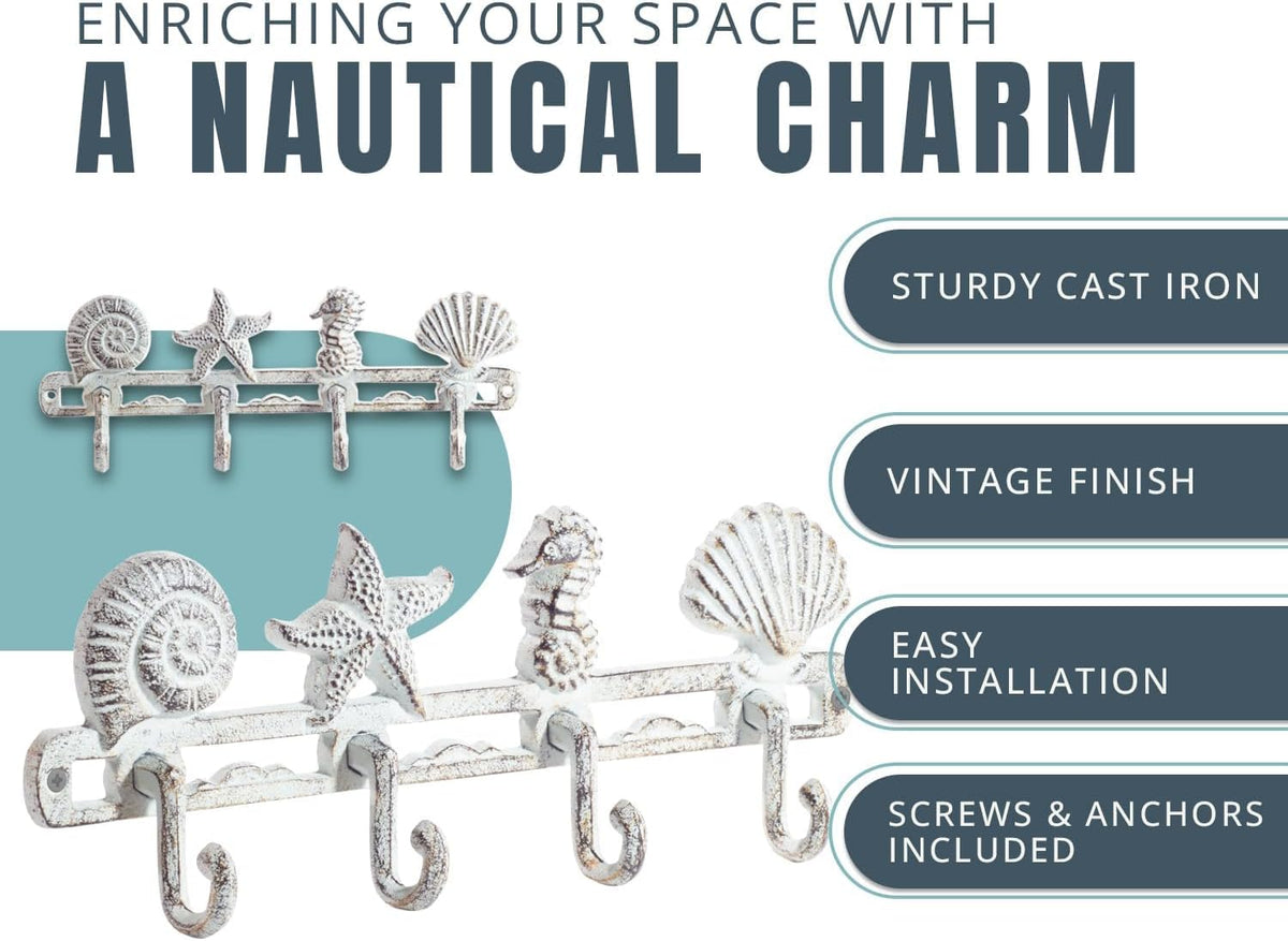 Comfify Antique White Seashell Cast Iron Wall Hook Rack – 4 Hooks, 13.5"
