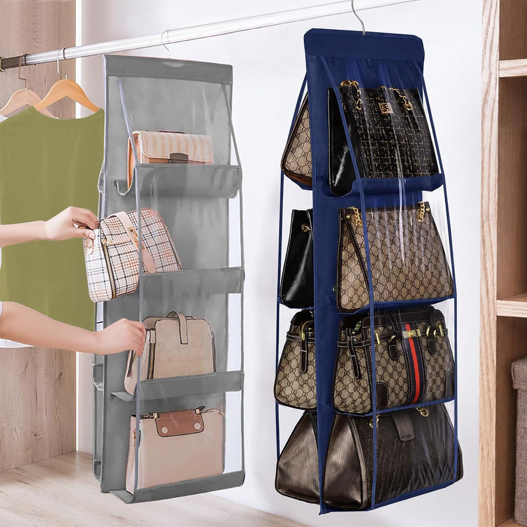 Lirex Handbag Hanging Purse Organizer for Closet, 8 Pocket Handbag Storage Organizer Hanger Oxford Cloth Closet Organizer for Family Closet Bedroom, Foldable and Universal Fit, Navy Blue